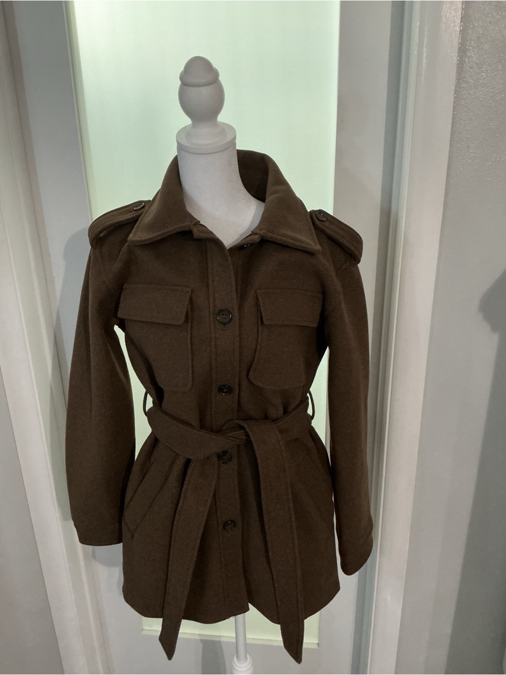 7 For All Mankind Cognac Brown Belted Military-Style Utility Trench Coat Size XS
